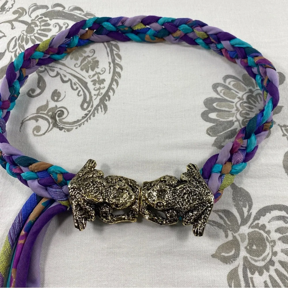 Vintage Kissing Frogs Boho Hippie Braided Fabric &‎ Cord Waist Accent Belt